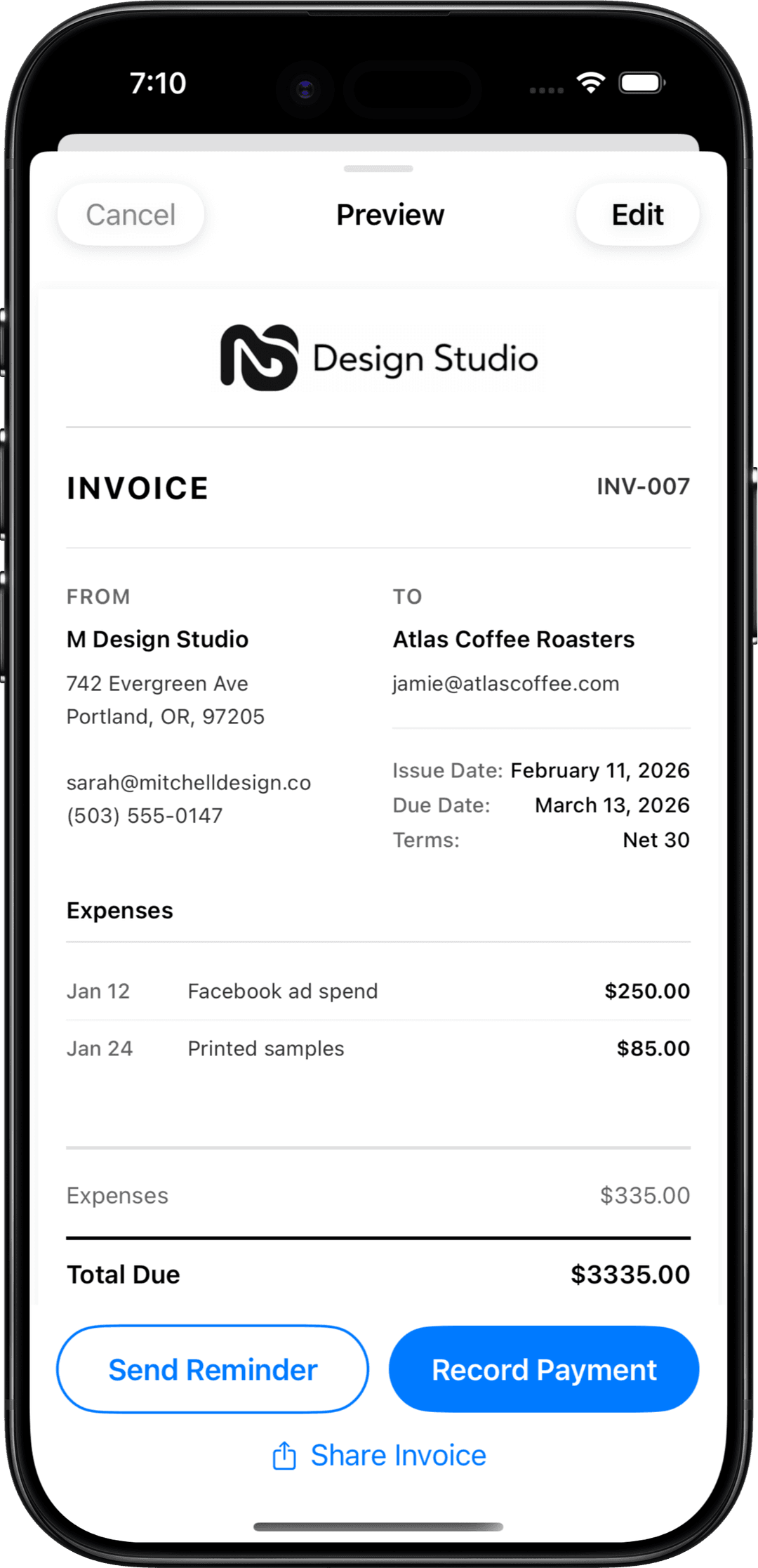 Polished invoice preview with line items and branding