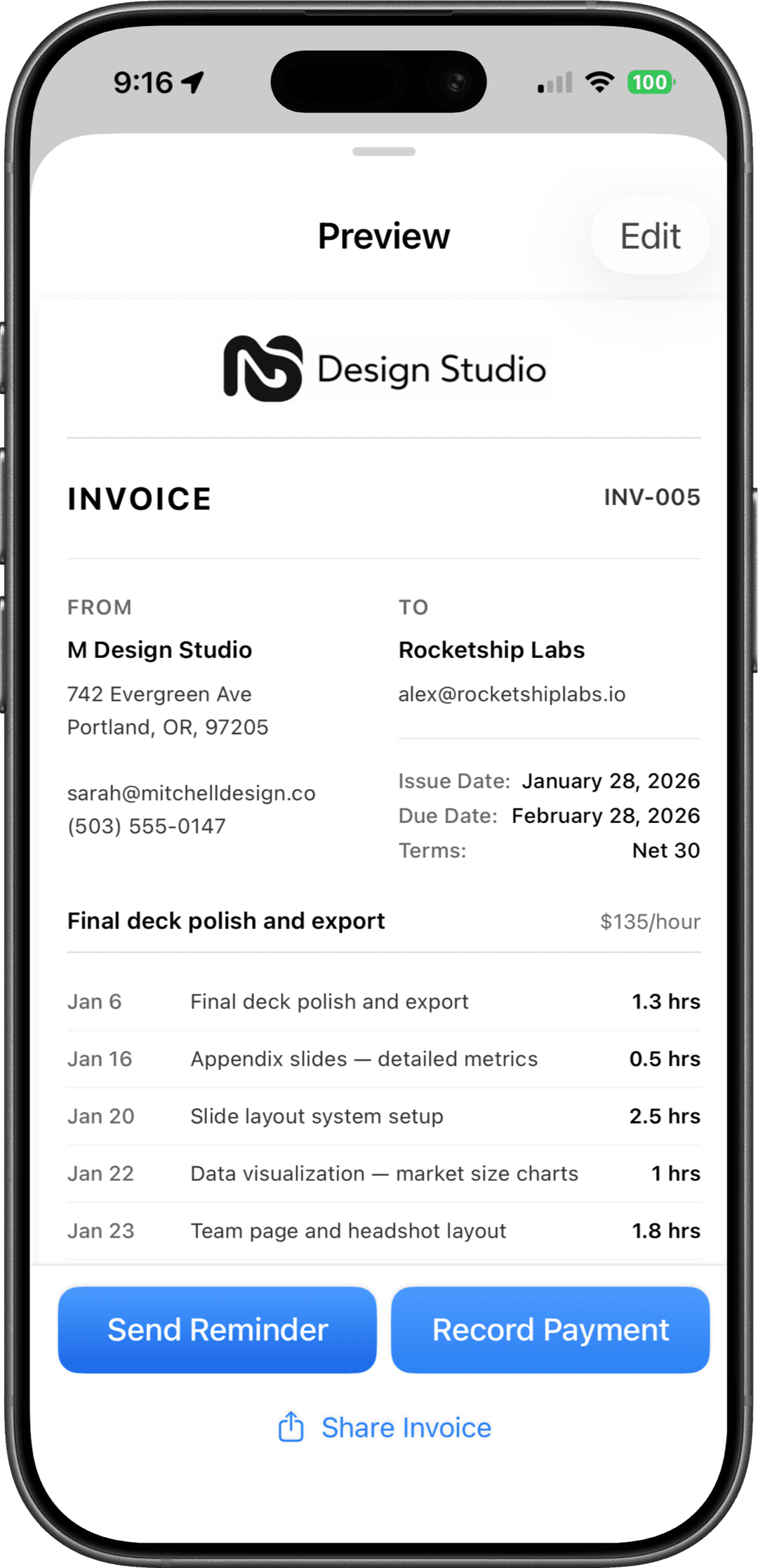 Polished invoice preview with line items and branding