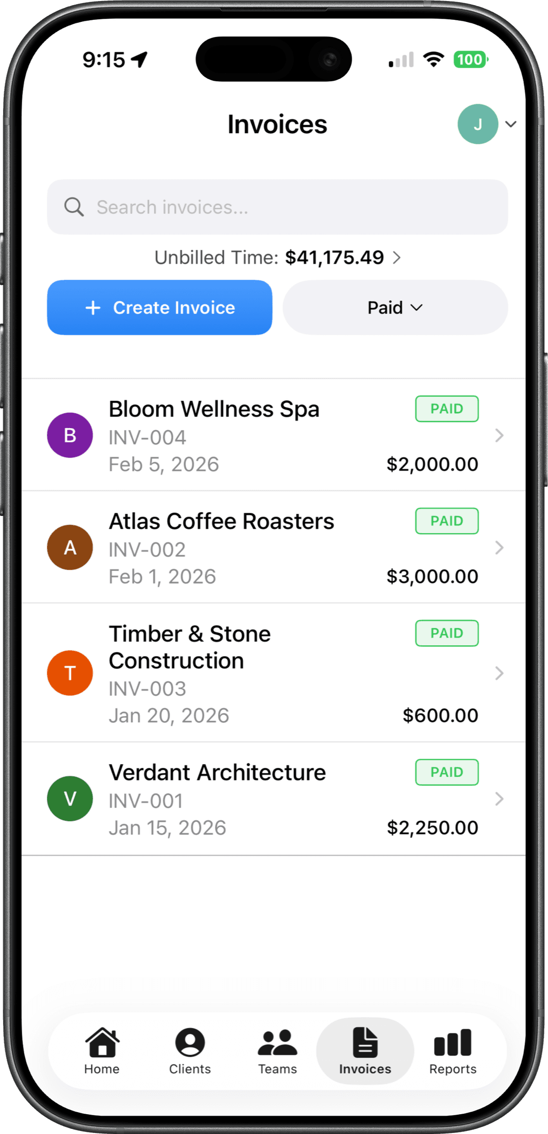 Invoice list showing all invoices paid via Stripe