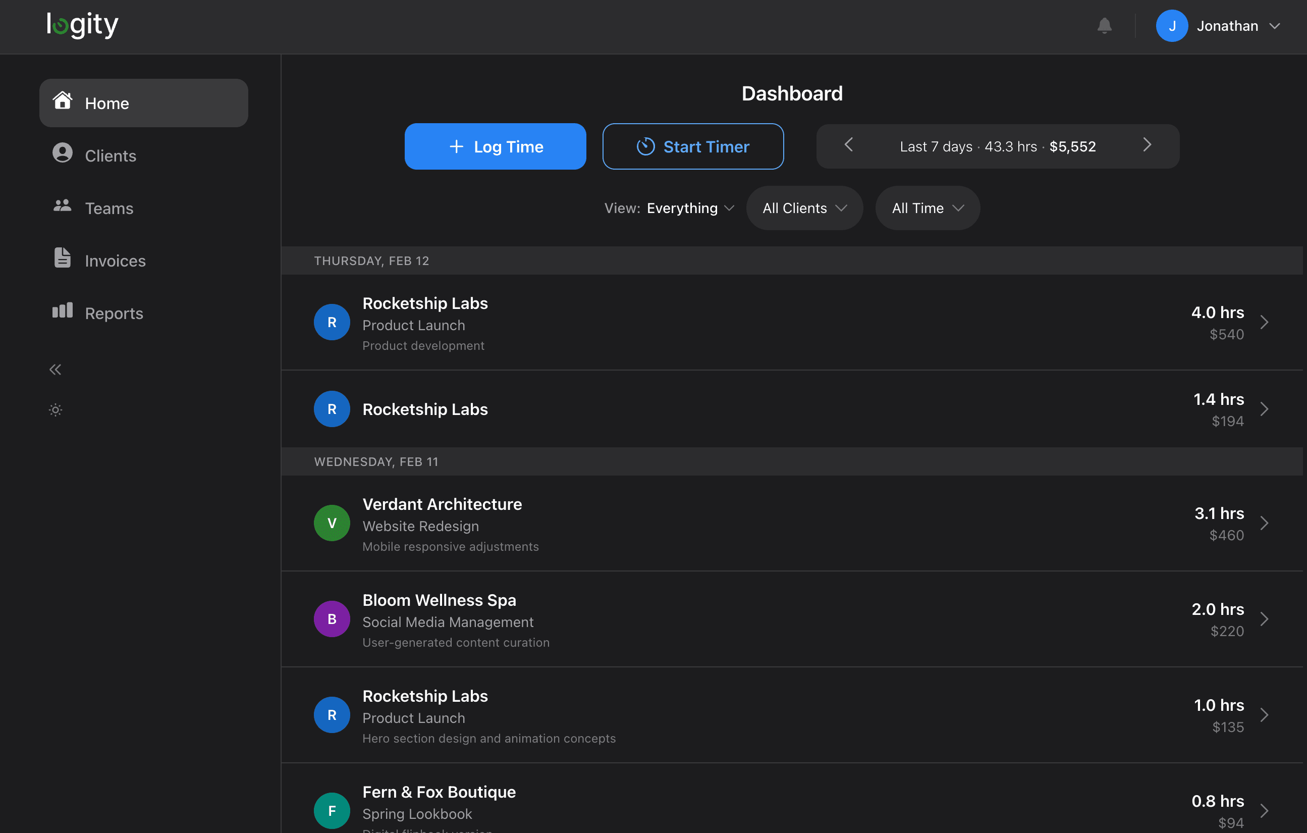 Logity Web App Dashboard