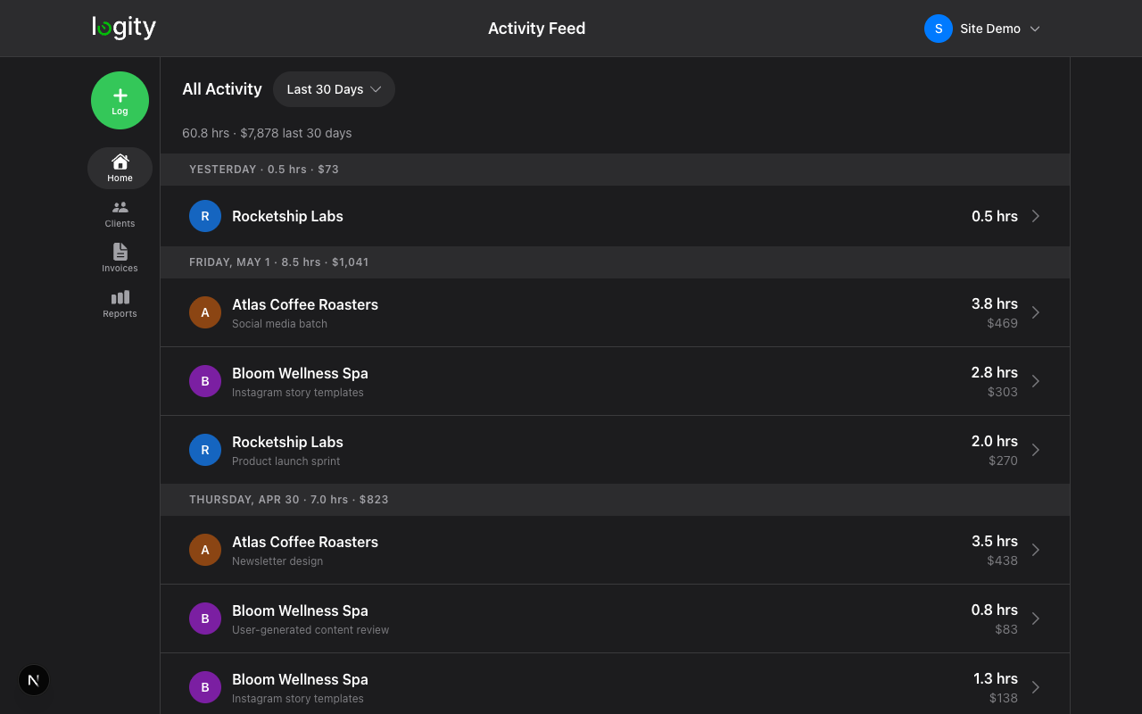 Logity Web App — Activity Feed