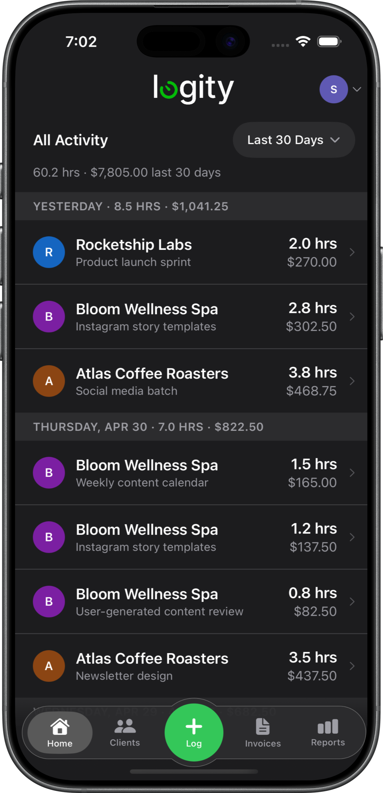 Logity iPhone app — Activity Feed